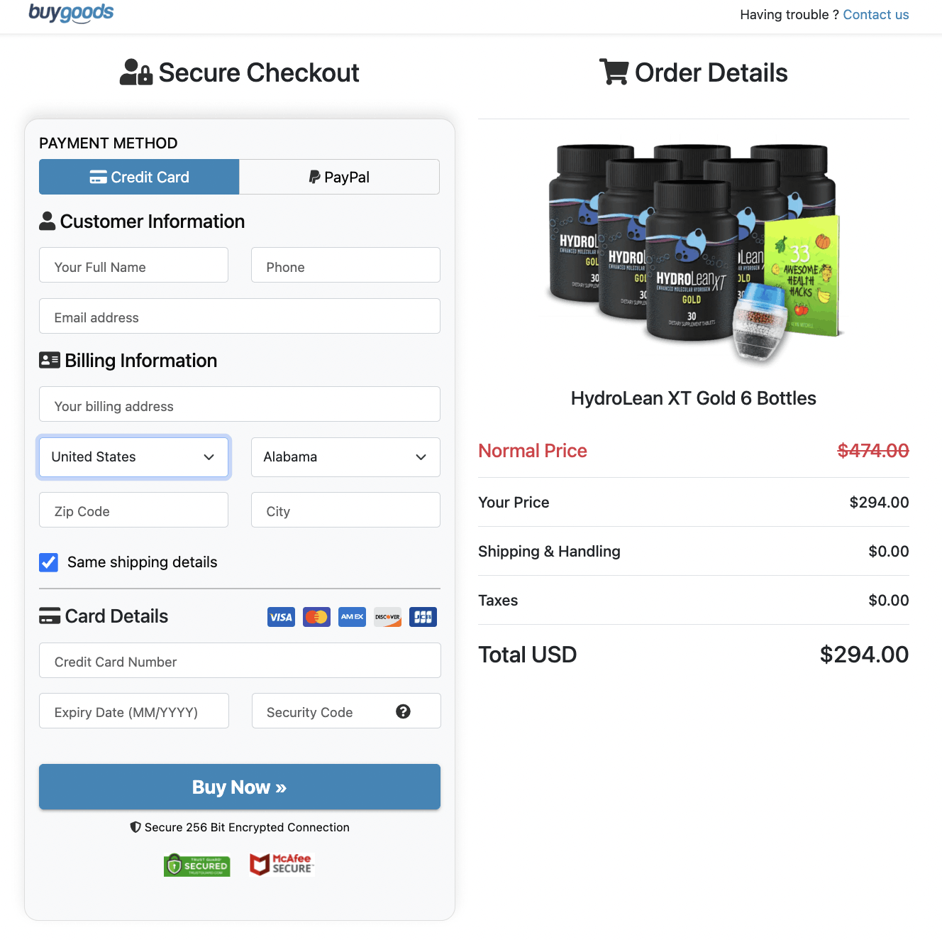 HydroLean XT Gold Secured Order Page